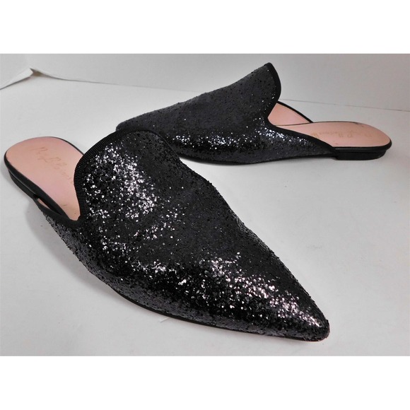Pretty Ballerinas Shoes - Pretty Ballerinas Black Glitter Open‎ Back Pointy Mules Flats 41